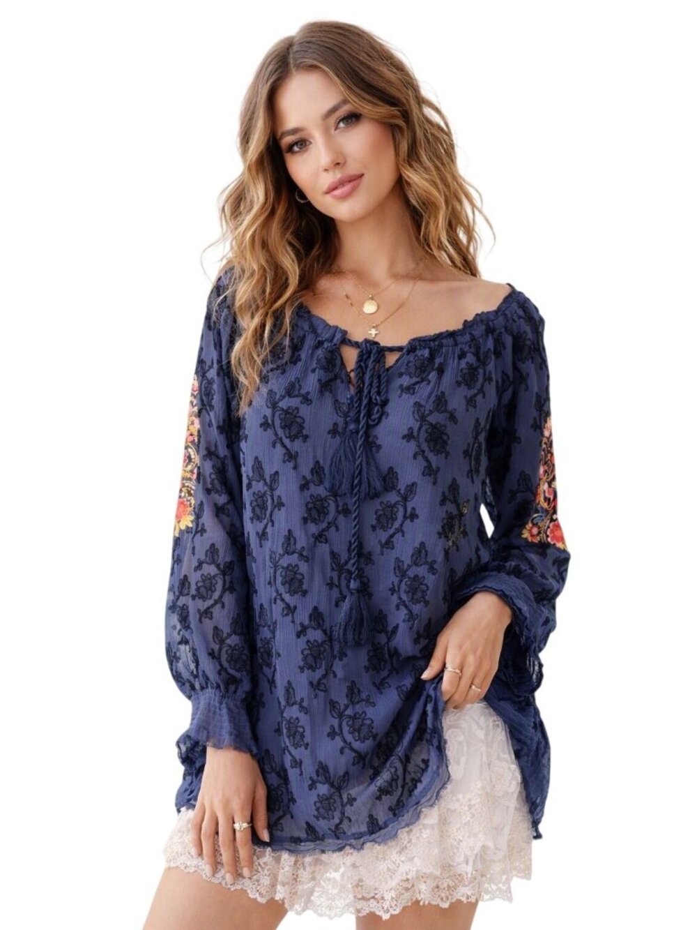 NWT SUNDANCE Womens Navy Gemma Elegance Boho Top Embroidered Blouse Tunic XL